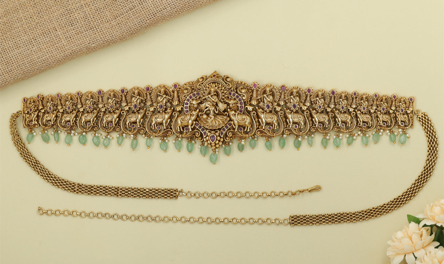 Figure-Panel Waist Belt with Radha Dancing and Krishna Flute Centre