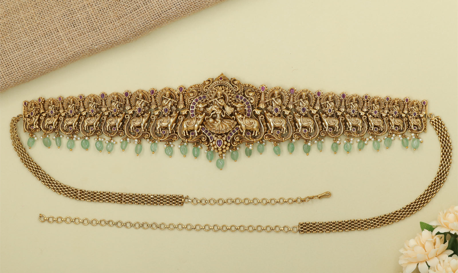 Figure-Panel Waist Belt with Radha Dancing and Krishna Flute Centre