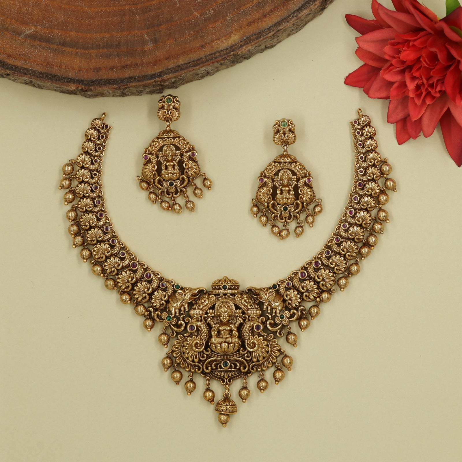 Temple Necklace with Lakshmi Centre, Elephant Flanks, and Peacock Detailing