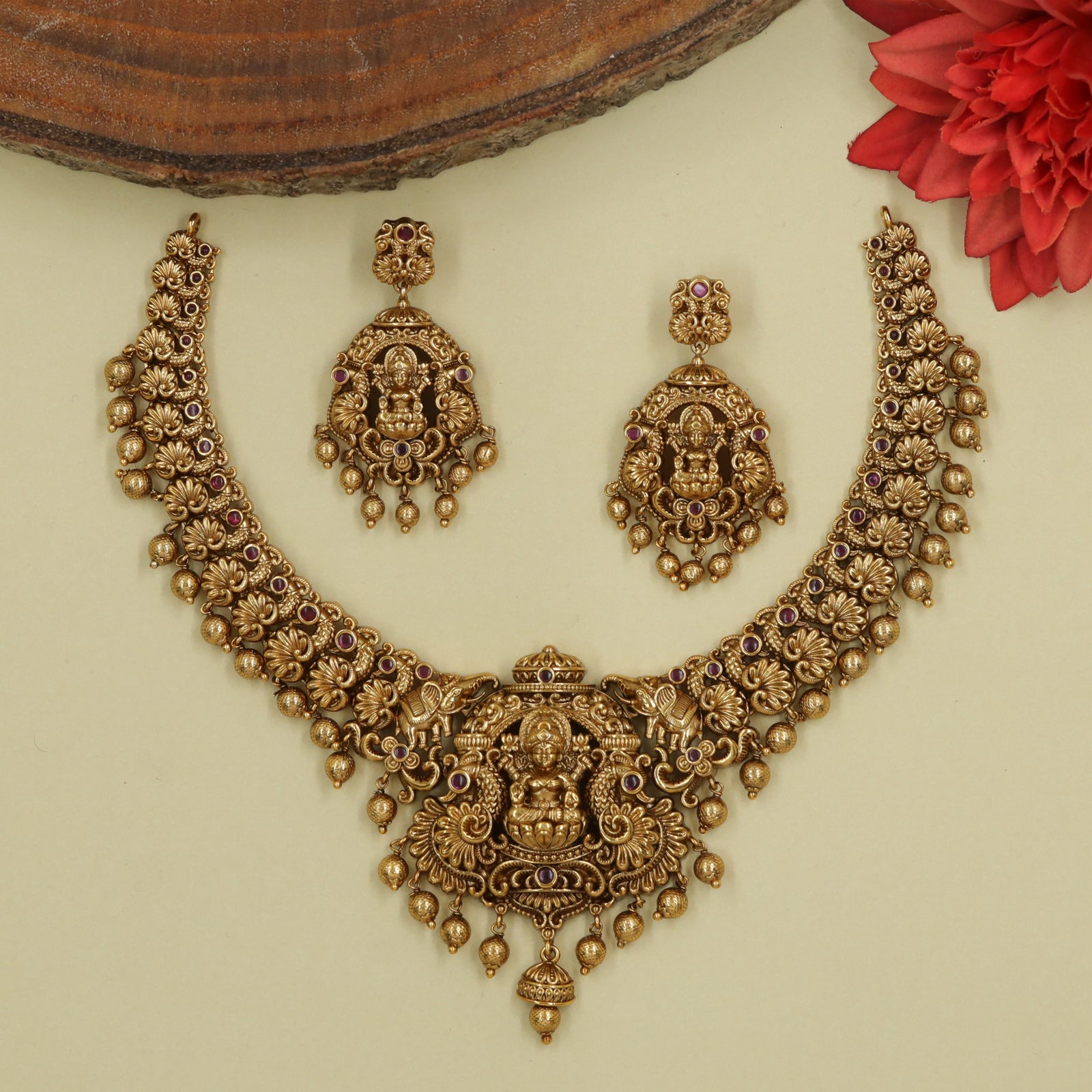 Temple Necklace with Lakshmi Centre, Elephant Flanks, and Peacock Detailing