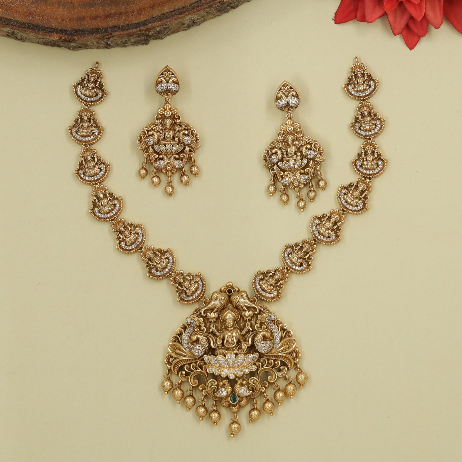 Lakshmi-Link Necklace with Elephant and Peacock Carved Panels
