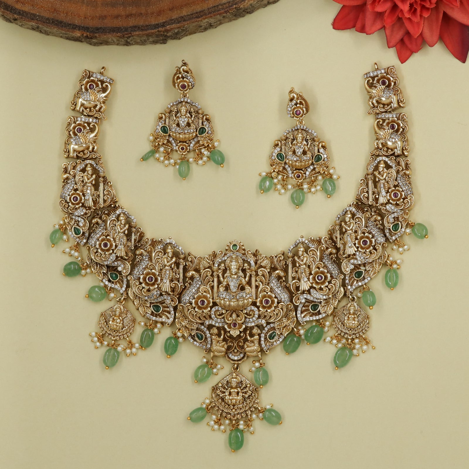 Sculptural Necklace Featuring Central Lakshmi Panel and Ornate Links