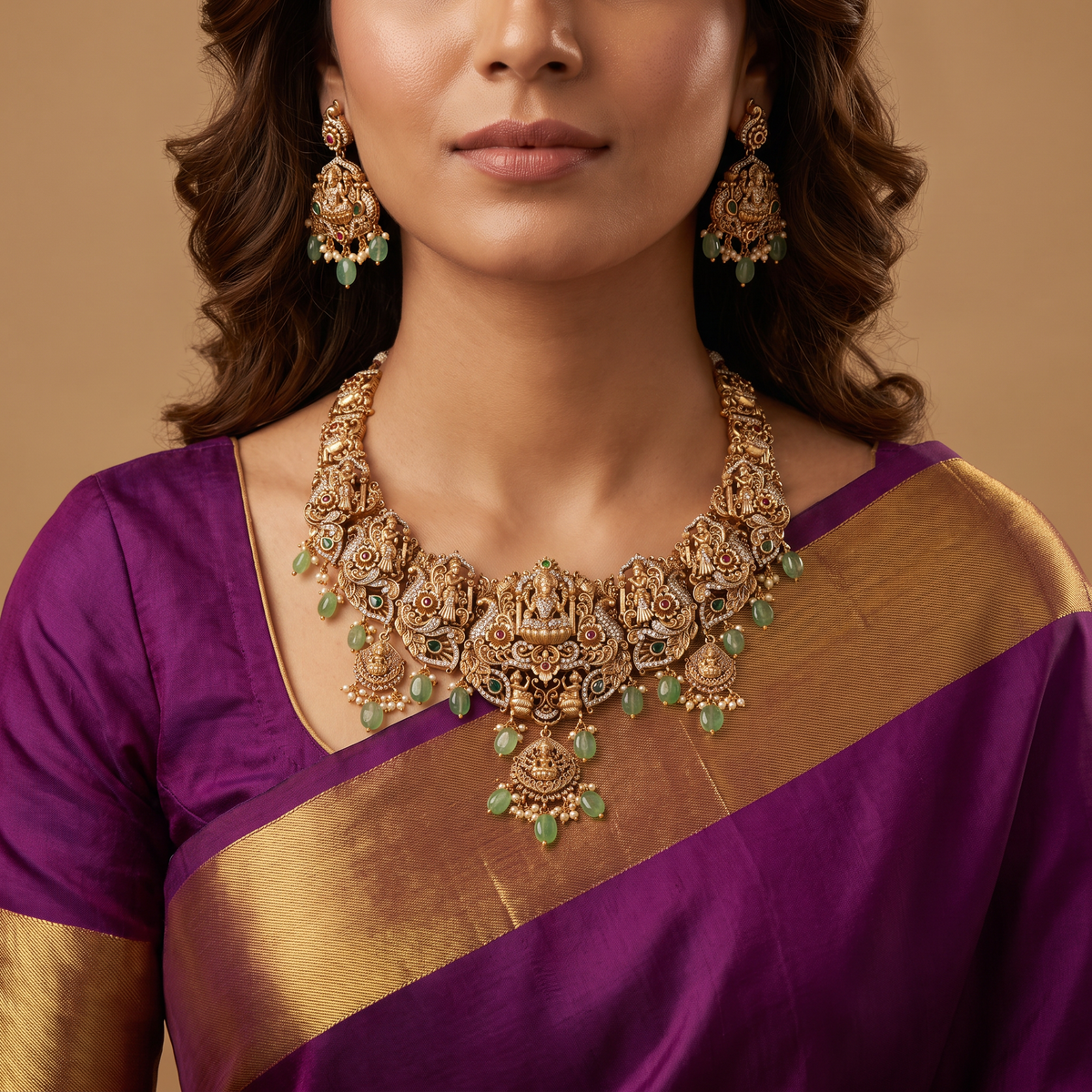 Sculptural Necklace Featuring Central Lakshmi Panel and Ornate Links