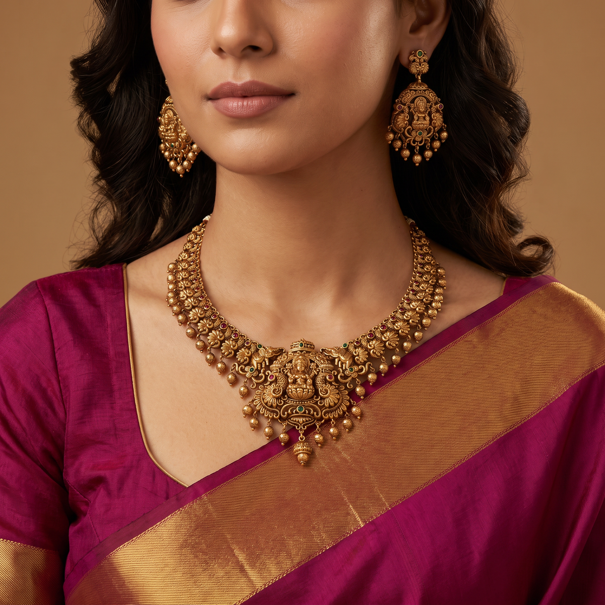 Temple Necklace with Lakshmi Centre, Elephant Flanks, and Peacock Detailing