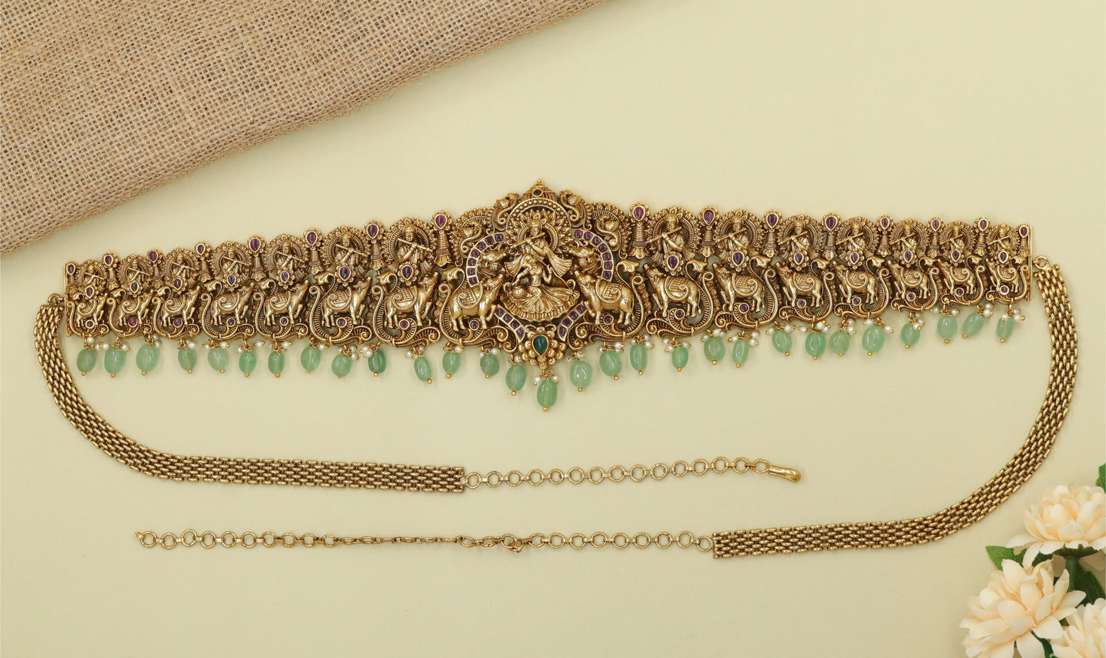 Figure-Panel Waist Belt with Radha Dancing and Krishna Flute Centre