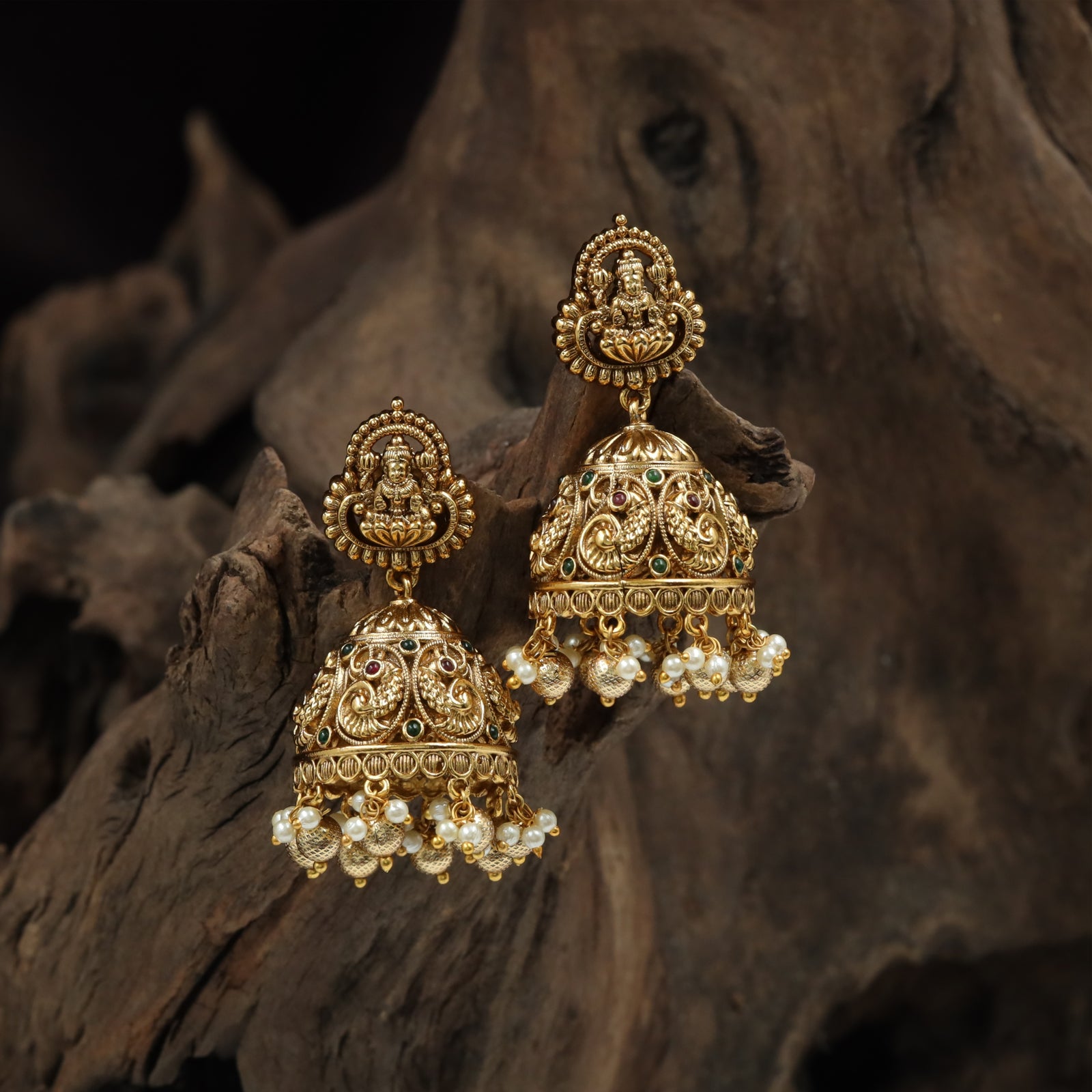 Temple-Style Jumka with Lakshmi Crest and Peacock Dome