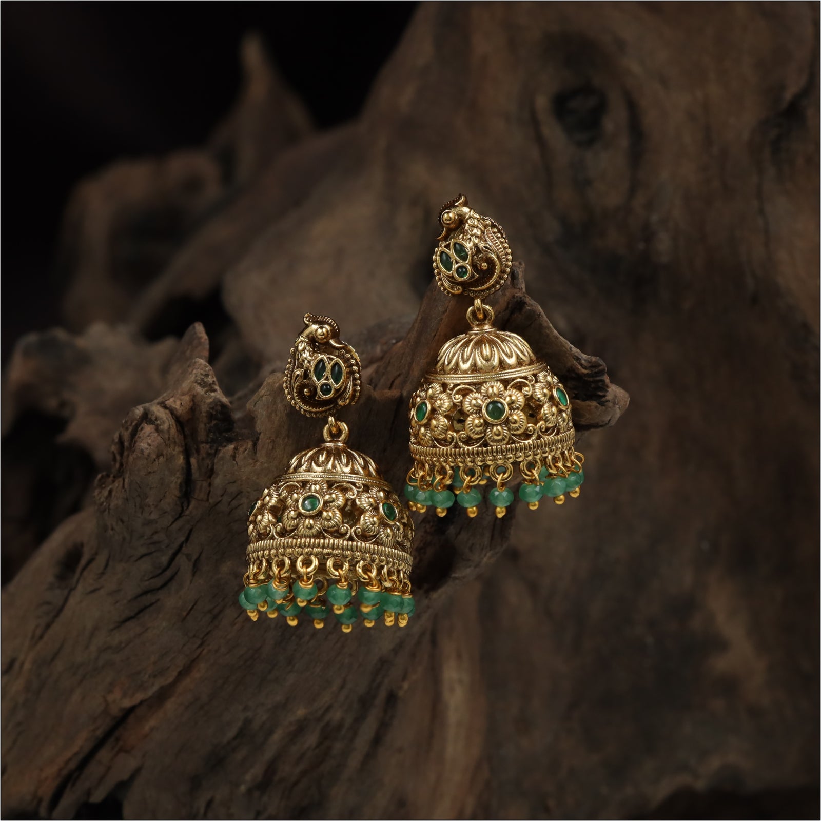 Stone-Studded Dome Jumka with Dense Floral Detailing