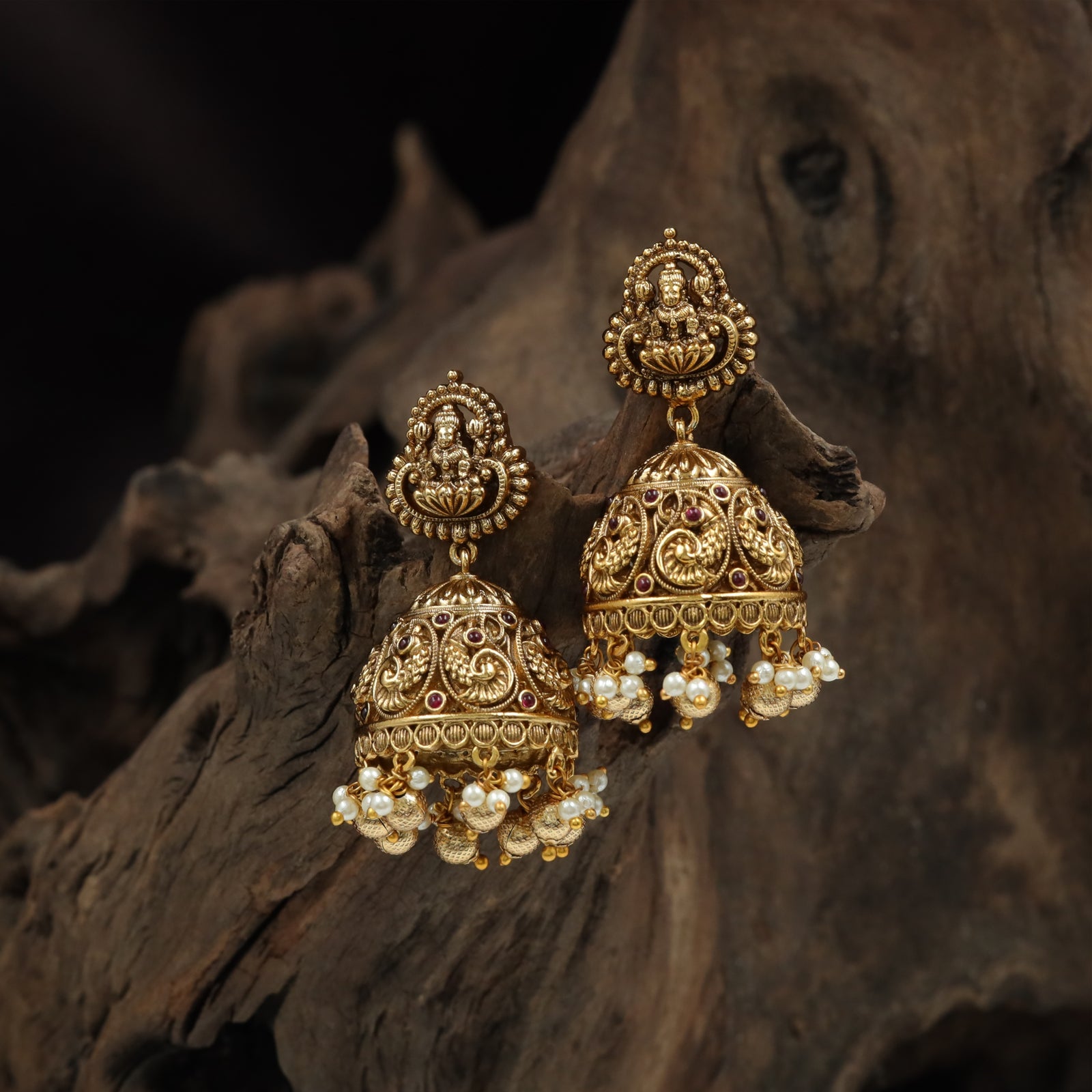 Temple-Style Jumka with Lakshmi Crest and Peacock Dome
