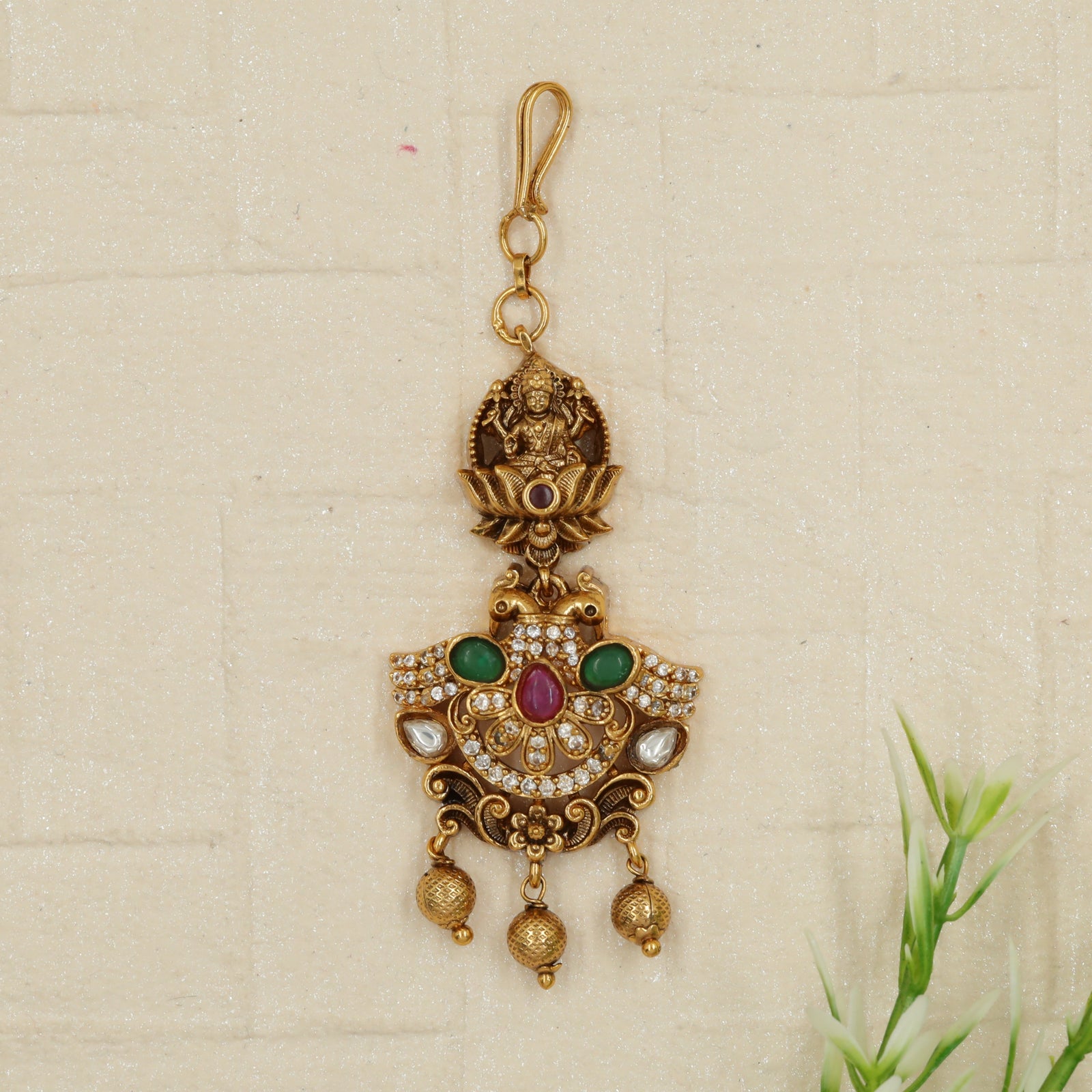 Lakshmi-on-Lotus Antique Tikka with Peacock Hanging Drops