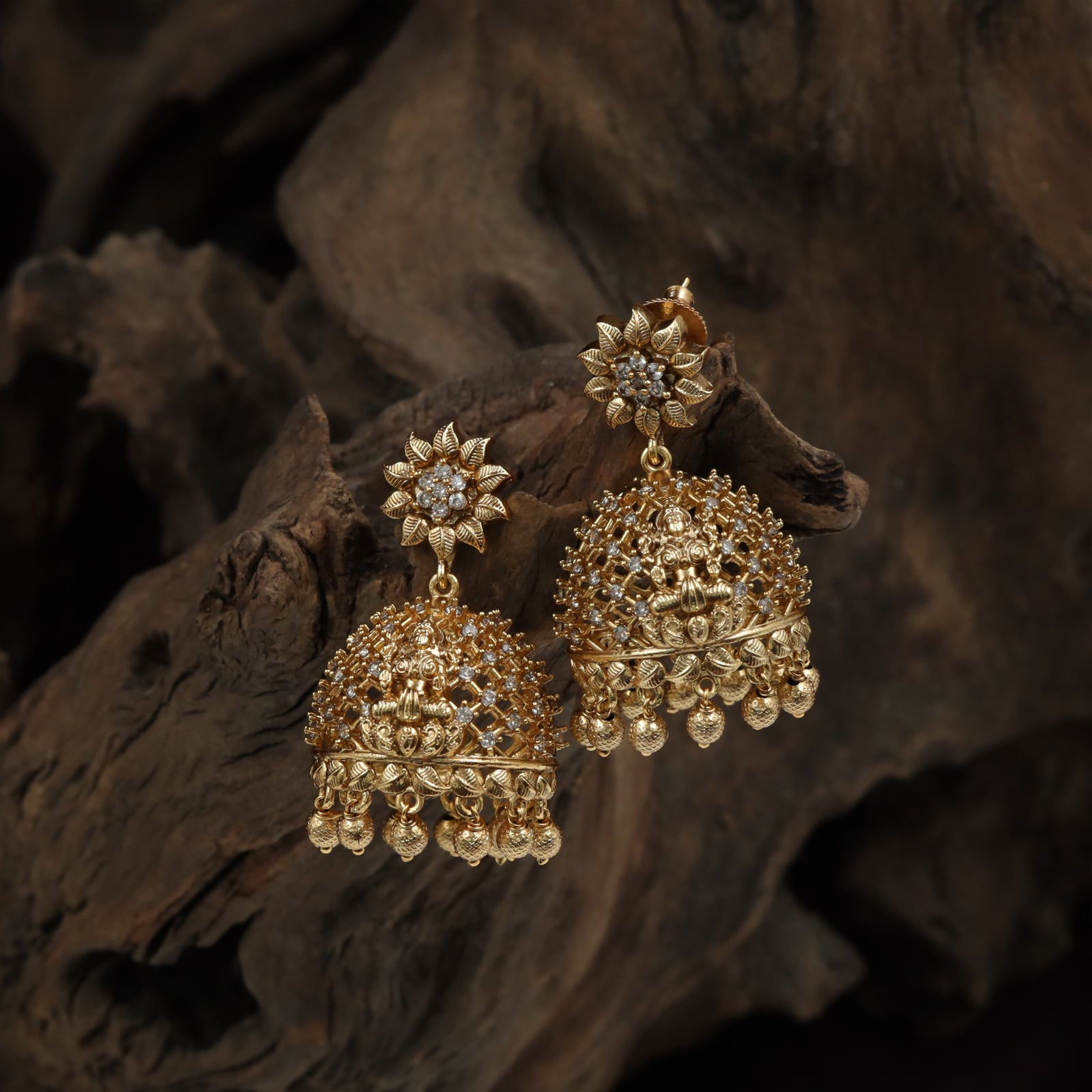 Lakshmi Dome Jumka with Floral Stud Top and Bead Drops