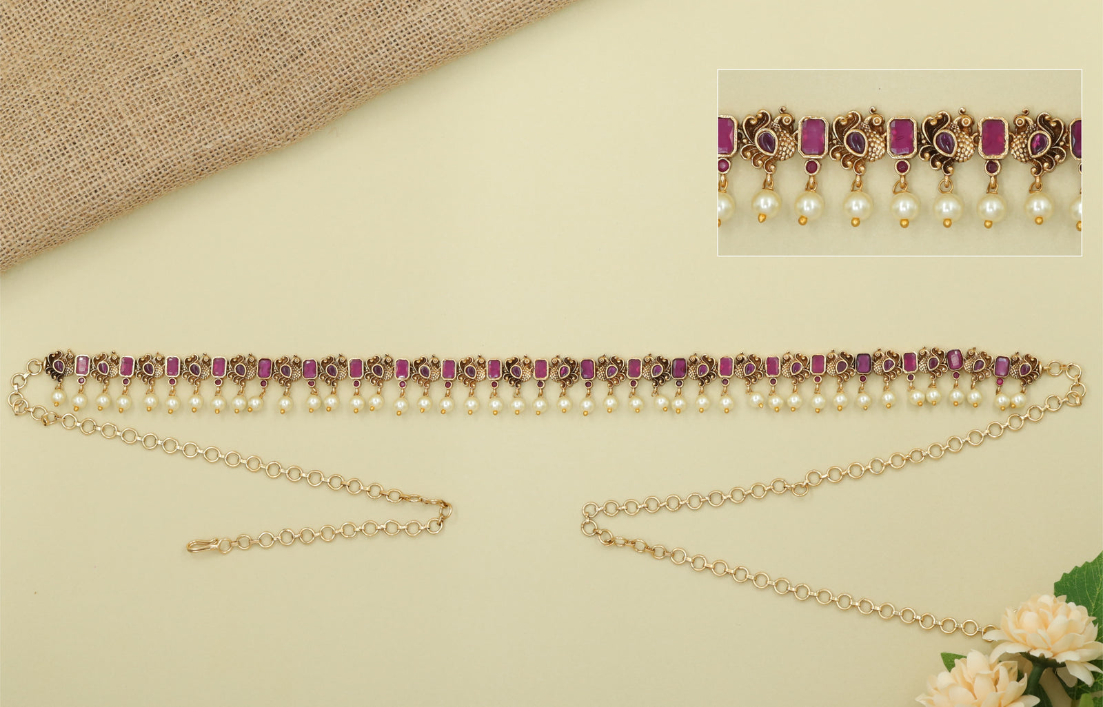 Peacock Scroll Mati with Rectangular Stone Panels and Pearl Drops