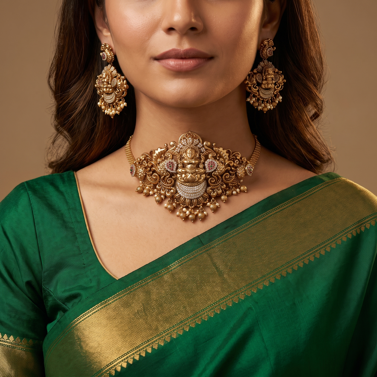 Central Lakshmi Choker Set Flanked by Twin Peacocks and Floral Scrolls