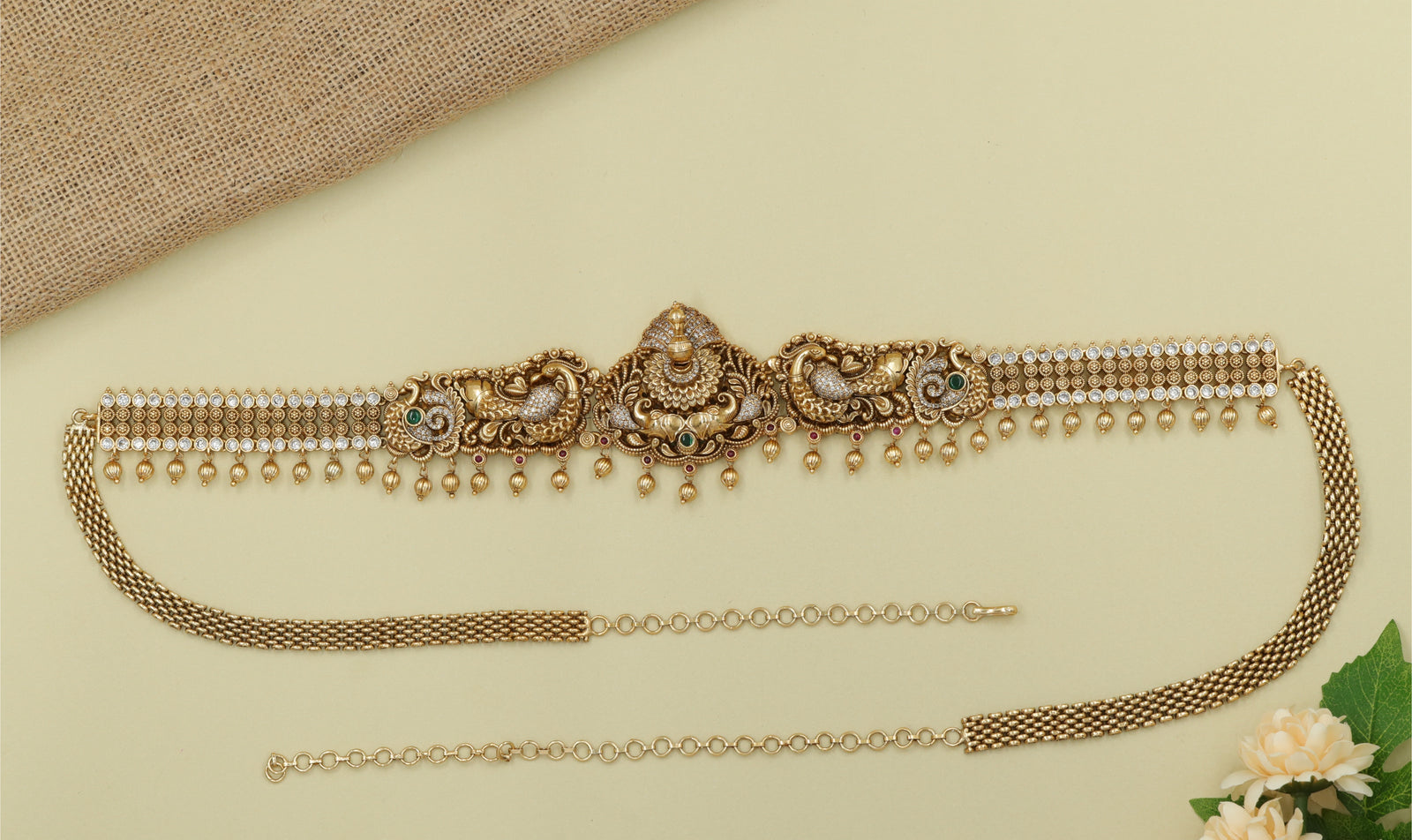 Peacock-Flanked Waist Belt with Central Lakshmi Composition