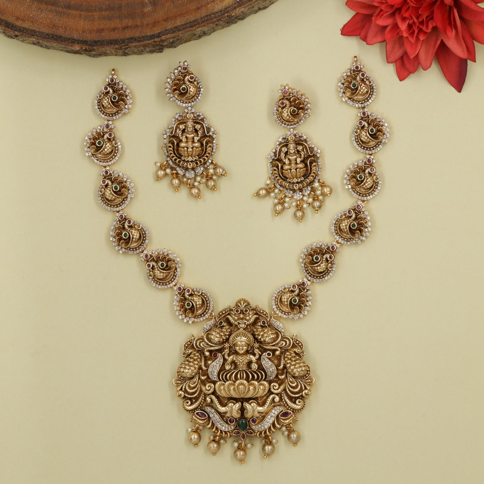 Traditional Necklace Built with Peacock-Link Chain and Lakshmi Centrepiece