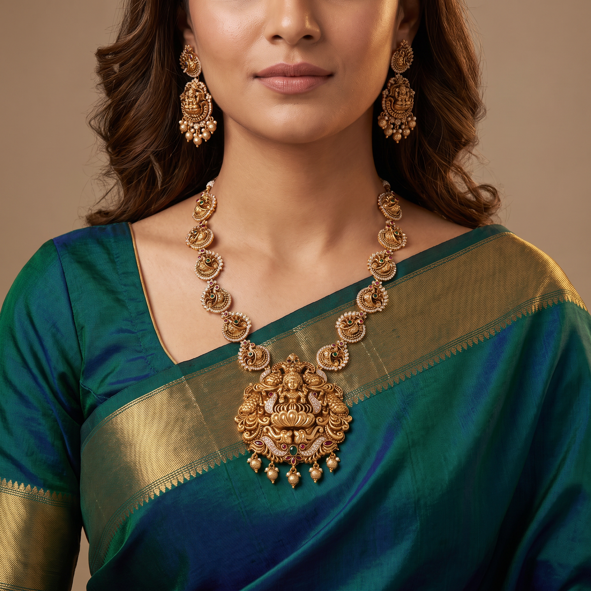 Traditional Necklace Built with Peacock-Link Chain and Lakshmi Centrepiece