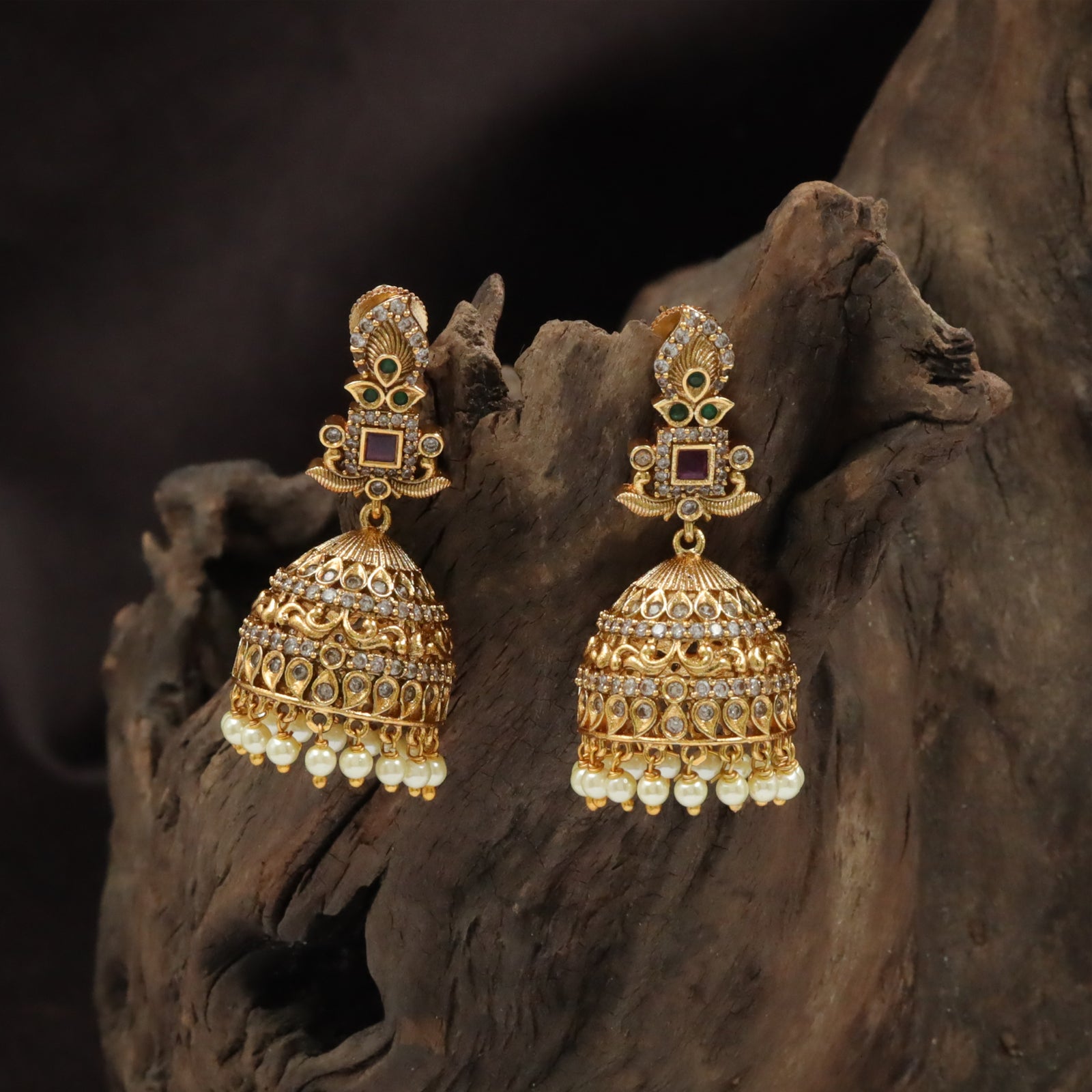 Traditional Dome Jumka with Full Hanging Pearl Fringe