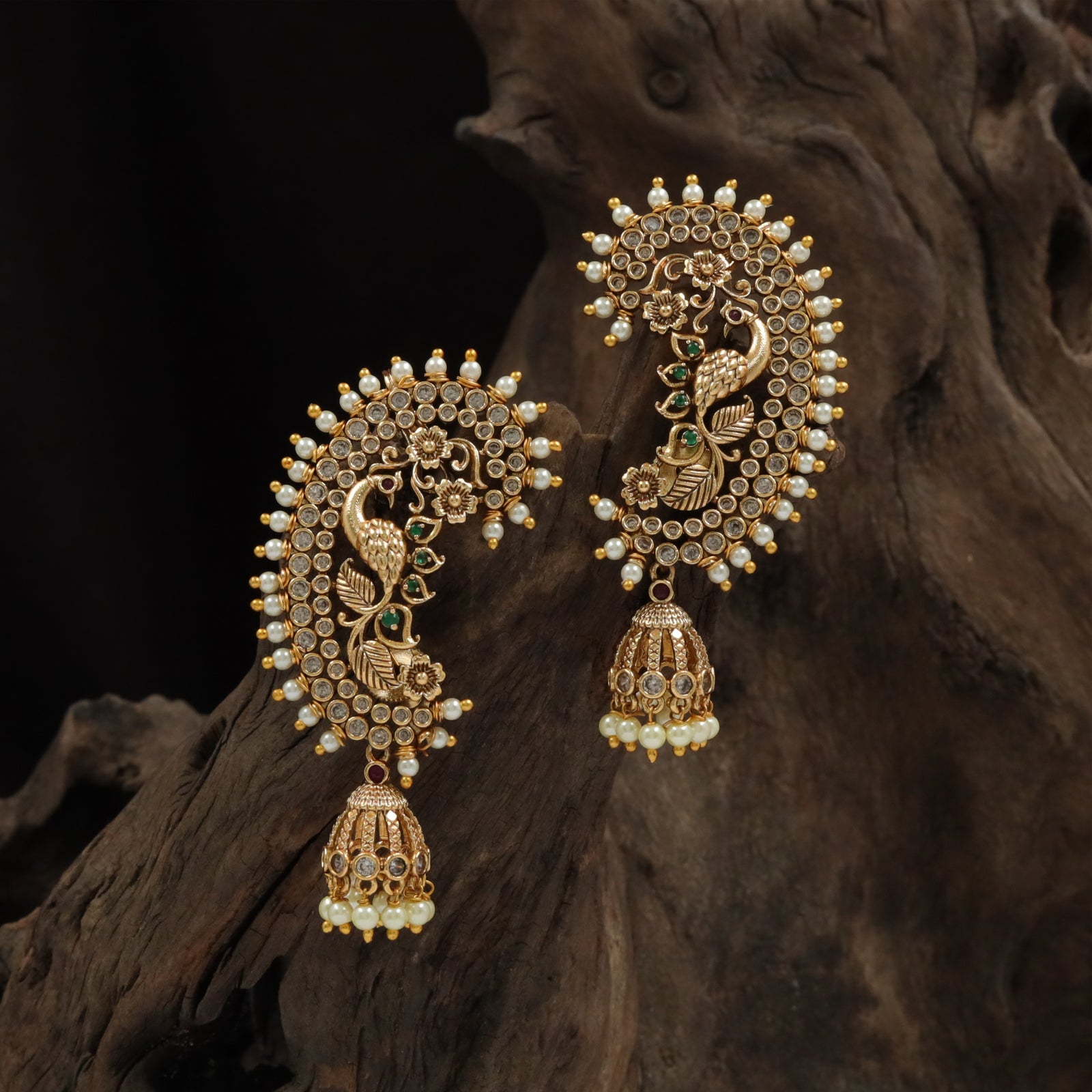 Peacock Silhouette Cuff Jumka with Structured Drops