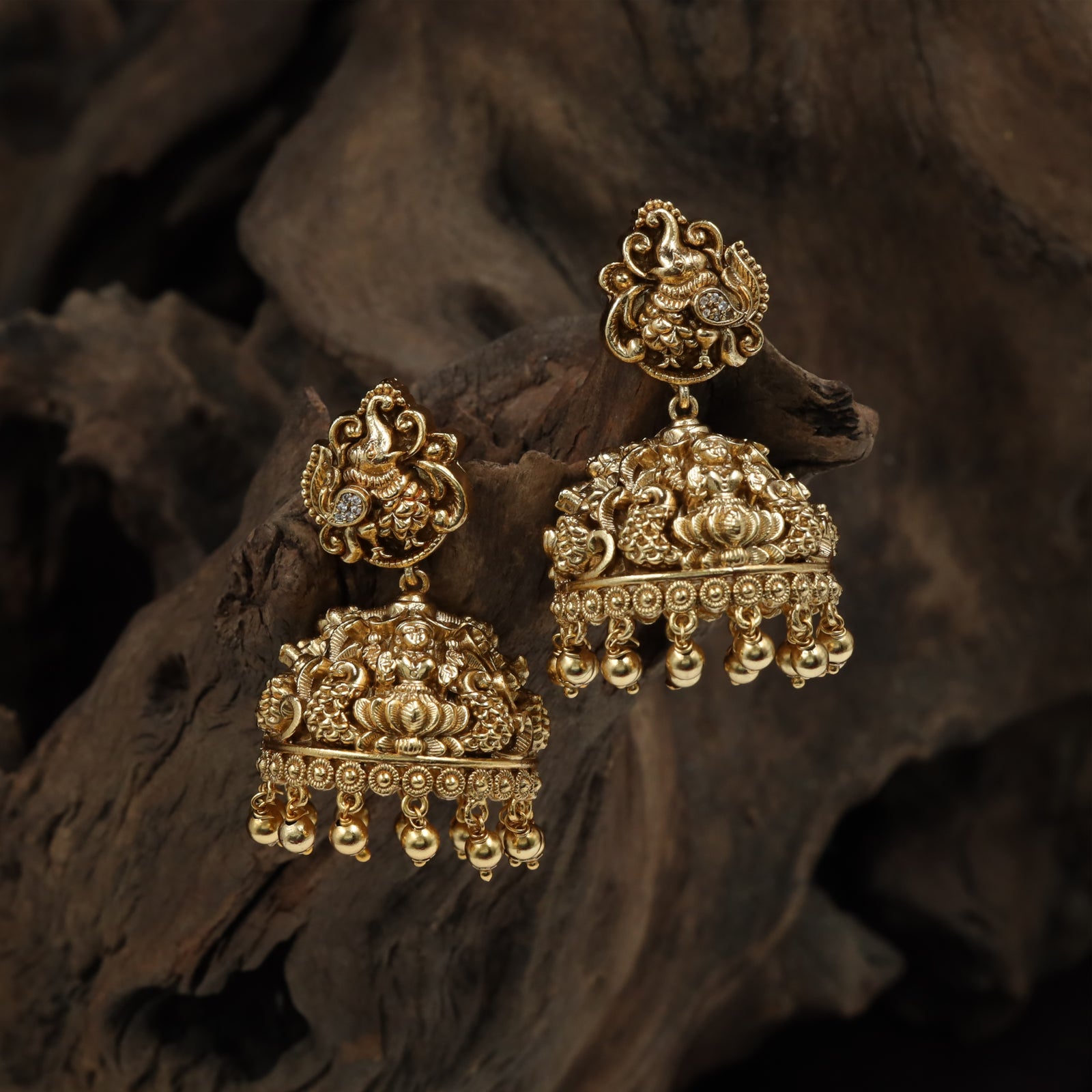 Elephant Top Jumka with Lakshmi Carved Dome and Bead Drops