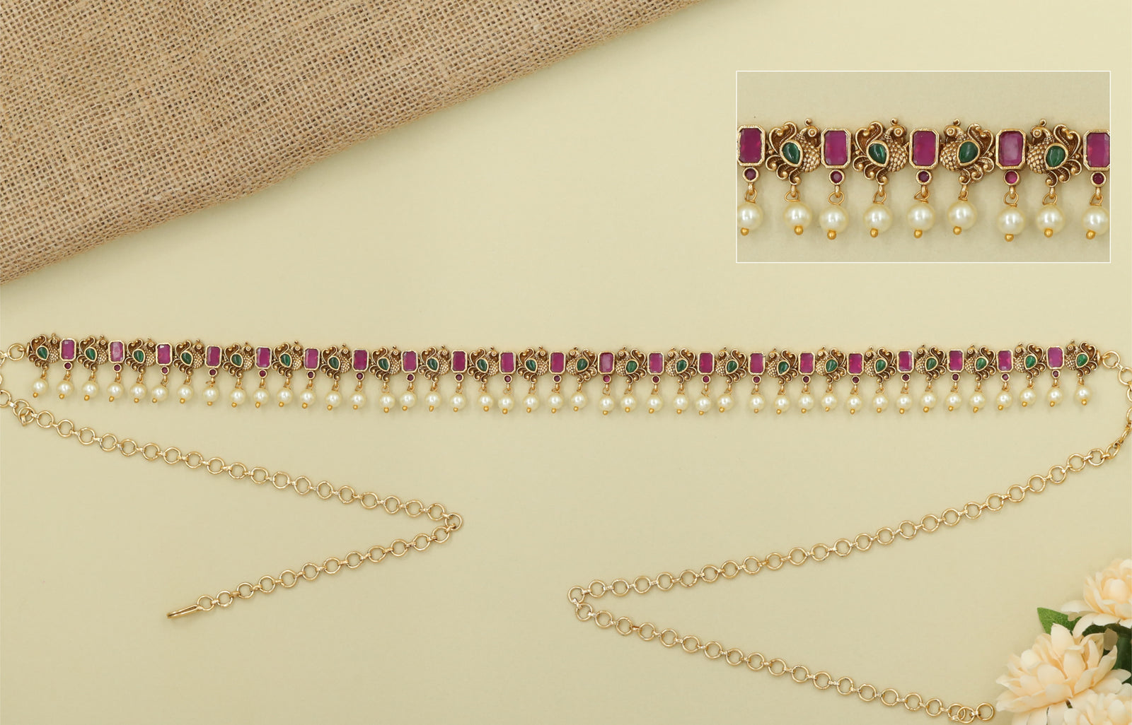Peacock Scroll Mati with Rectangular Stone Panels and Pearl Drops