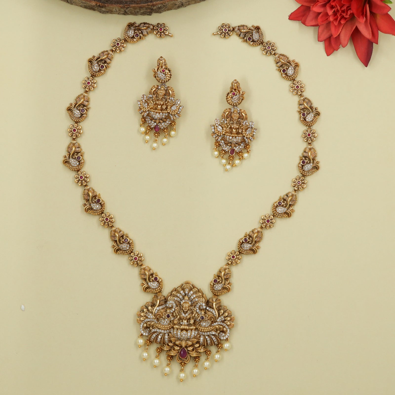 Classic Long Haara with Floral Peacock Links and Central Lakshmi