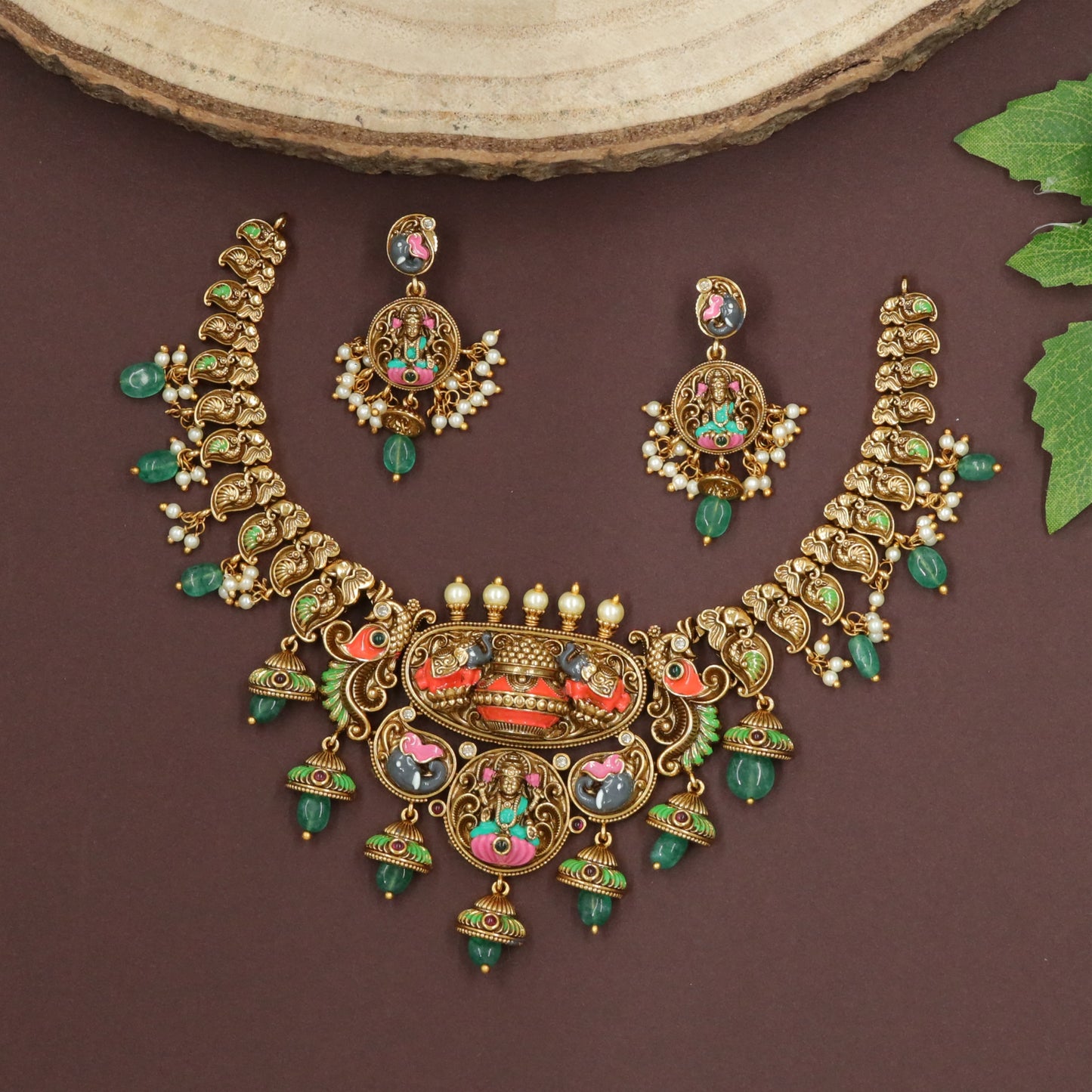 Lakshmi Core Necklace with Sculpted Elephant Links and Drops
