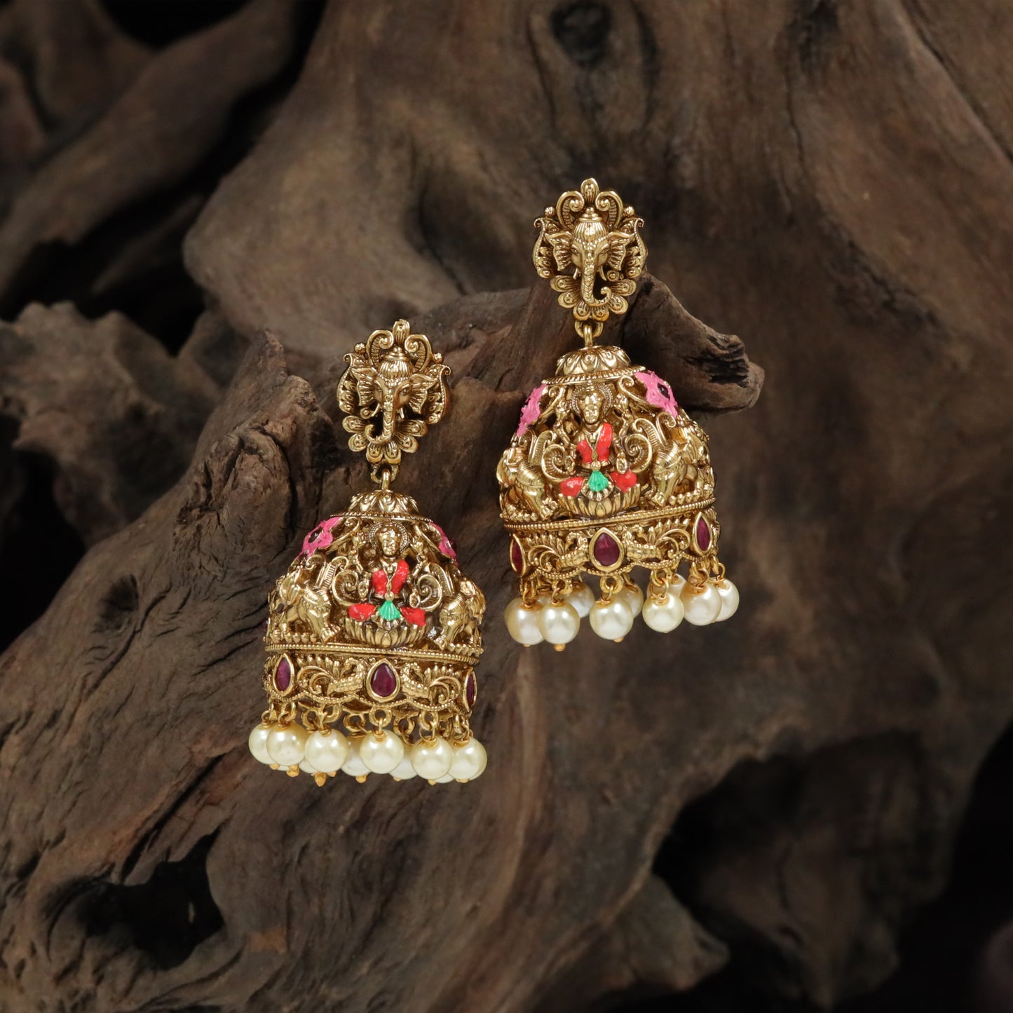 Ganesha Motif Jumka with Rich Dome and Pearl Hangings