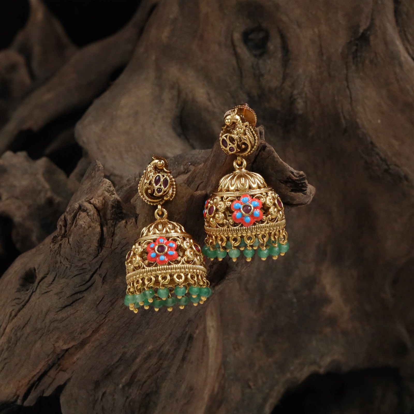 Floral-Core Dome Jumka with Uniform Bead Drop Finish