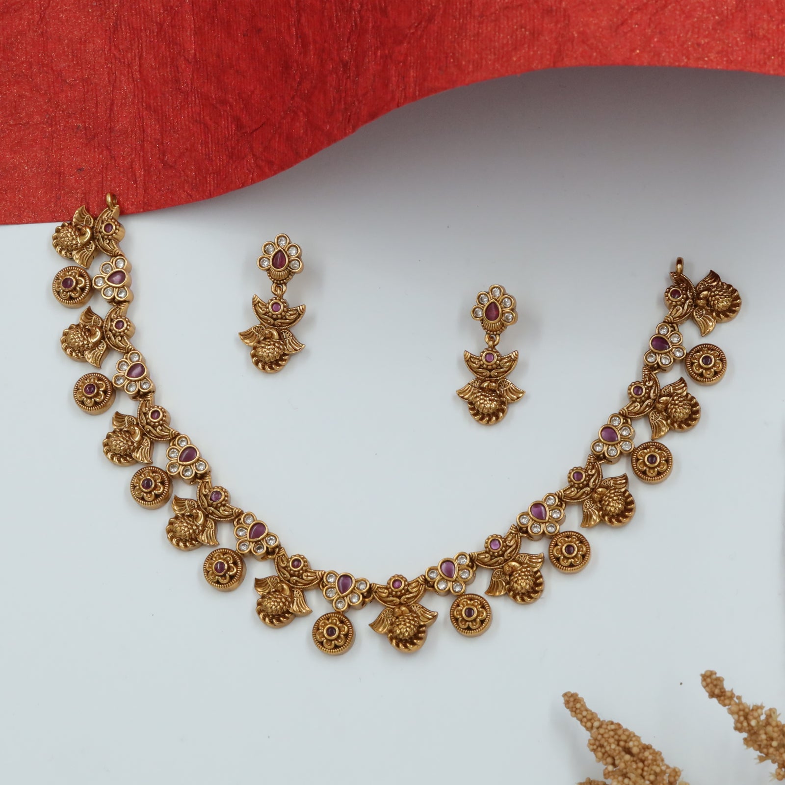Disc-Focused Link Necklace with Peacock Motif Flow