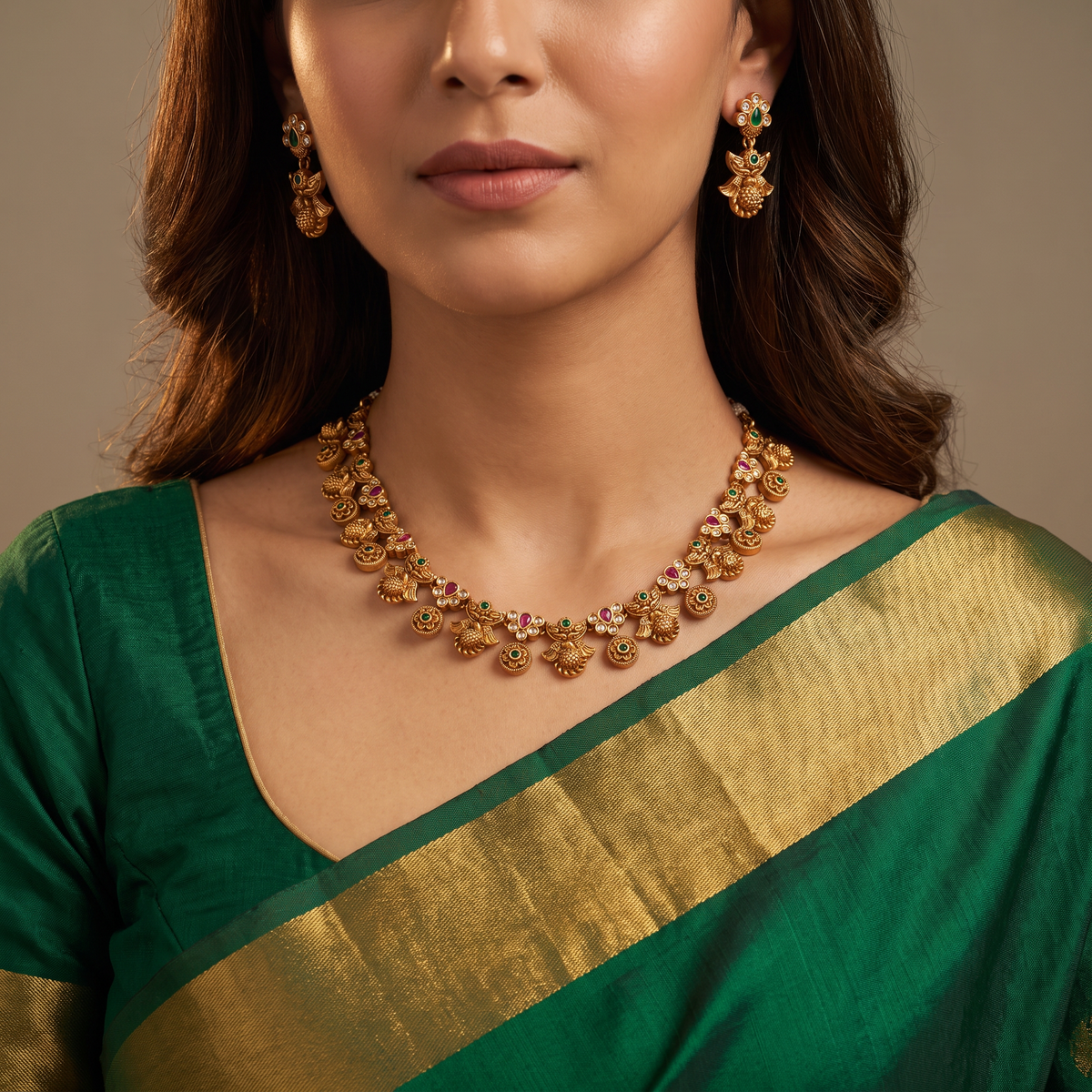 Disc-Focused Link Necklace with Peacock Motif Flow