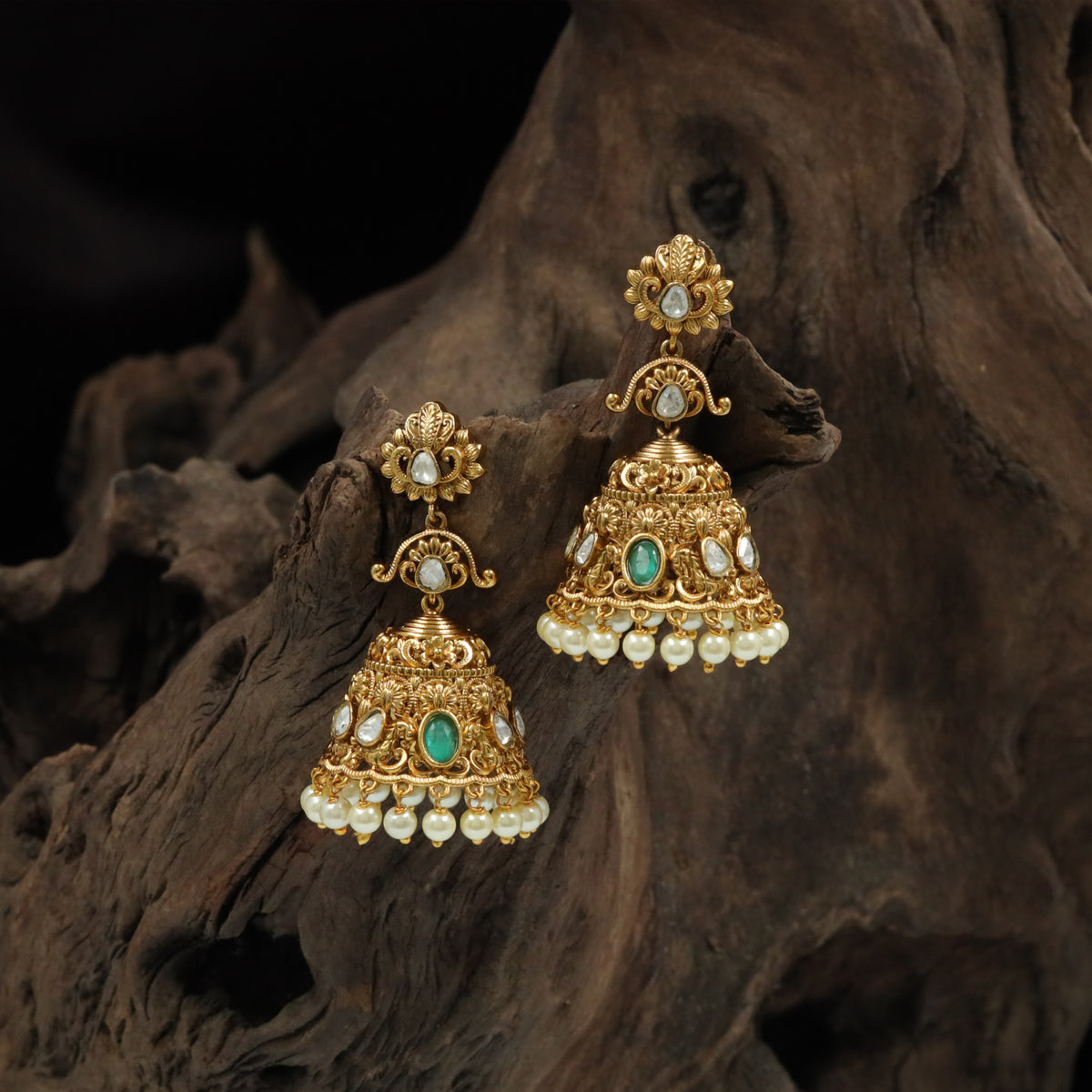 Floral Crest Jumka with Multi-Row Stone Setting