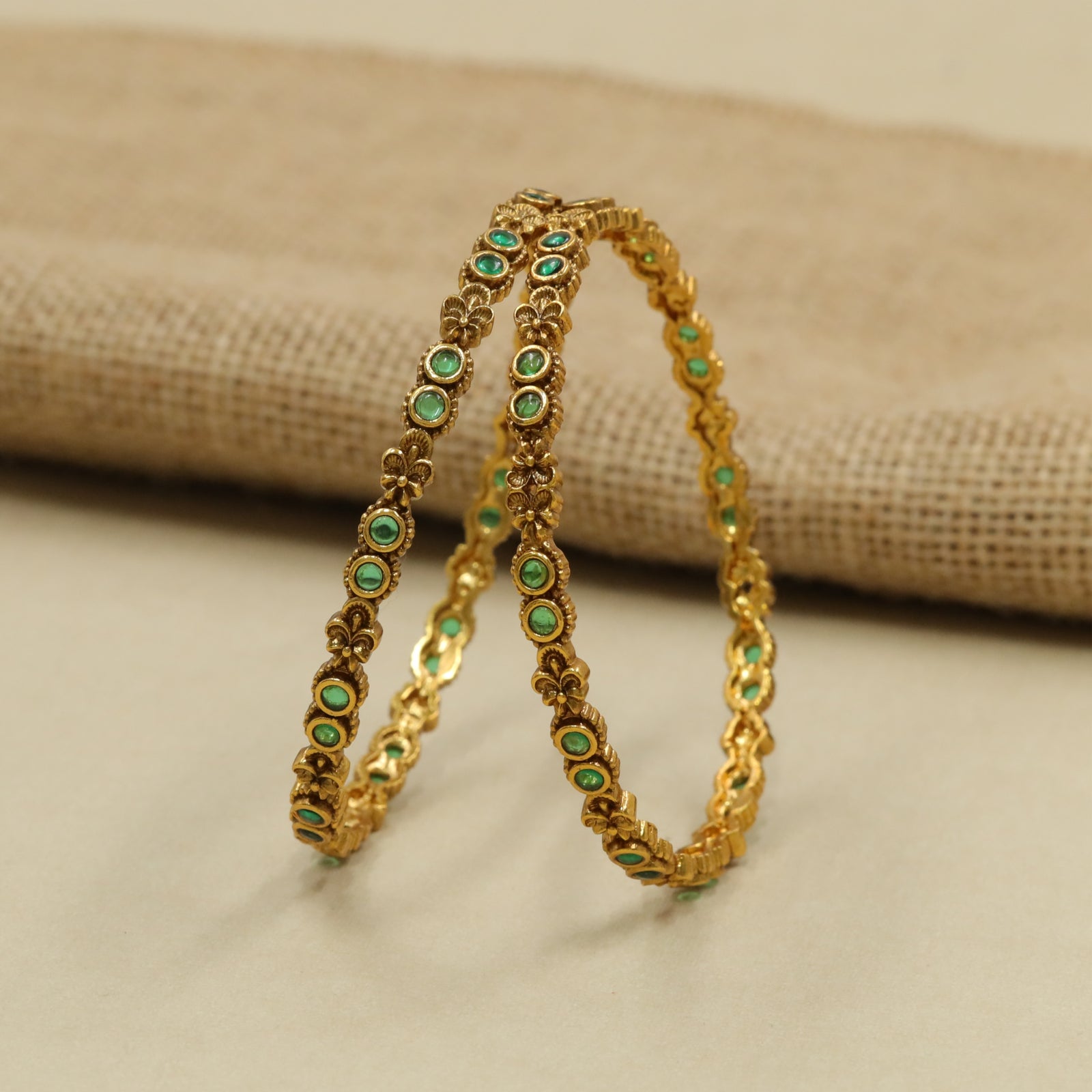 Alternating Bloom Panel Green Stone Bangles