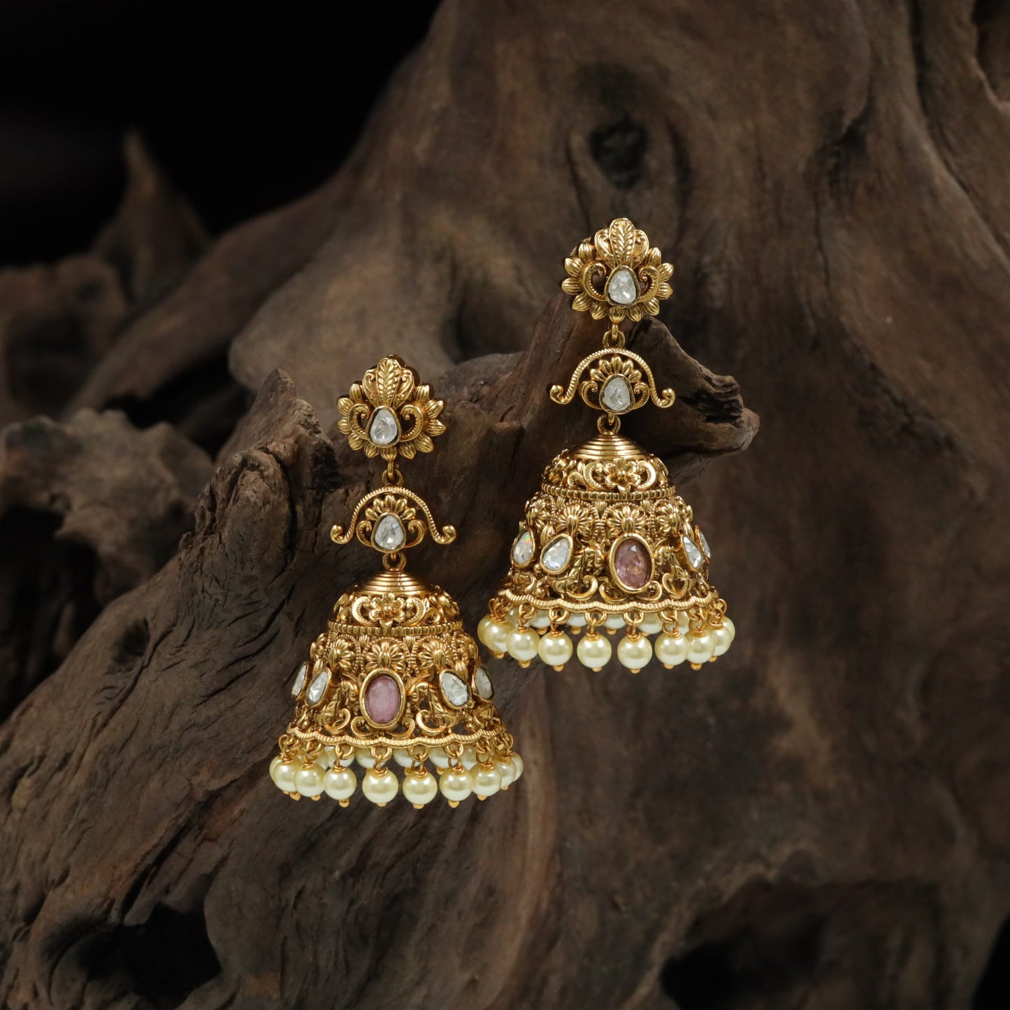 Floral Crest Jumka with Multi-Row Stone Setting