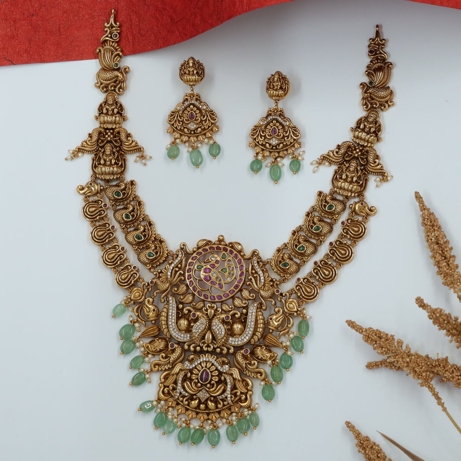 Lakshmi Link Necklace with Sculpted Peacock Pendant and Hangings