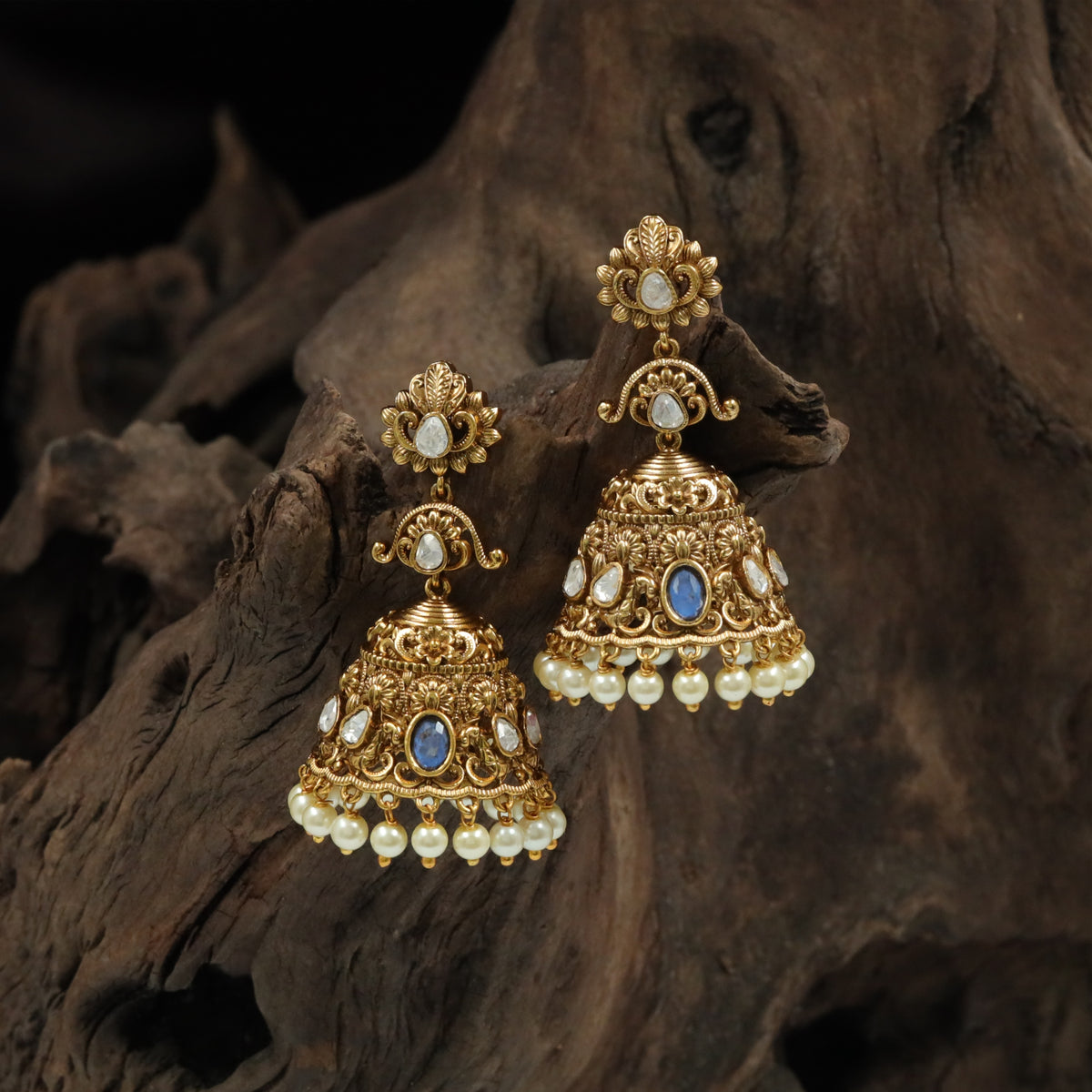 Floral Crest Jumka with Multi-Row Stone Setting