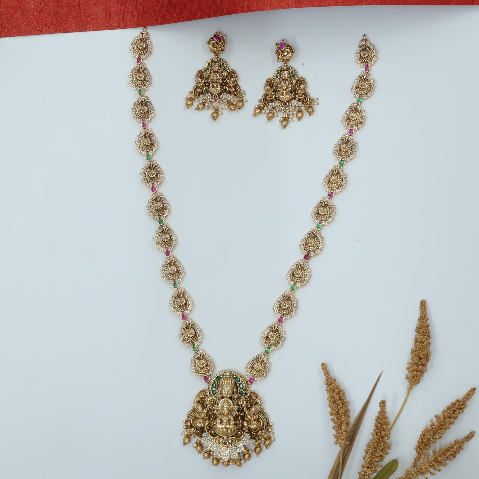 Balaji with Sri Devi Centre Pendant with Flanking Deity Panels