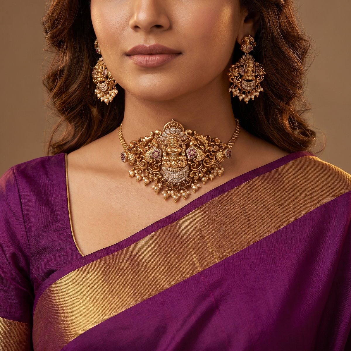 Padma Lakshmi Medallion Choker with Curved Scroll Construction and Hangings