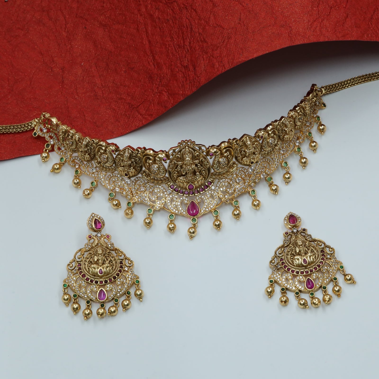 Mahalakshmi Centre Choker with Ornate Relief Panels and Hanging Edge