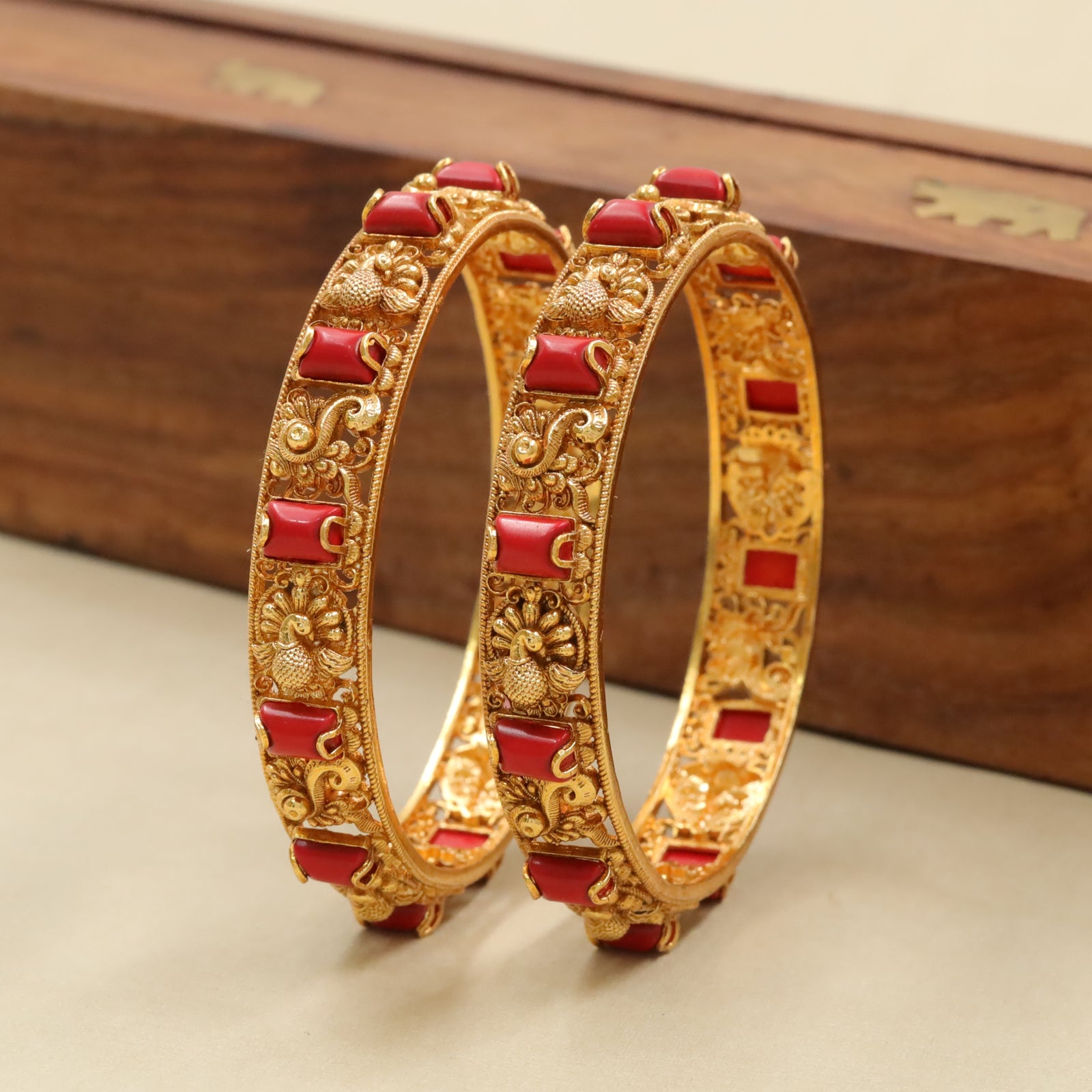 Peacock Relief Red Stone Panel Bangles