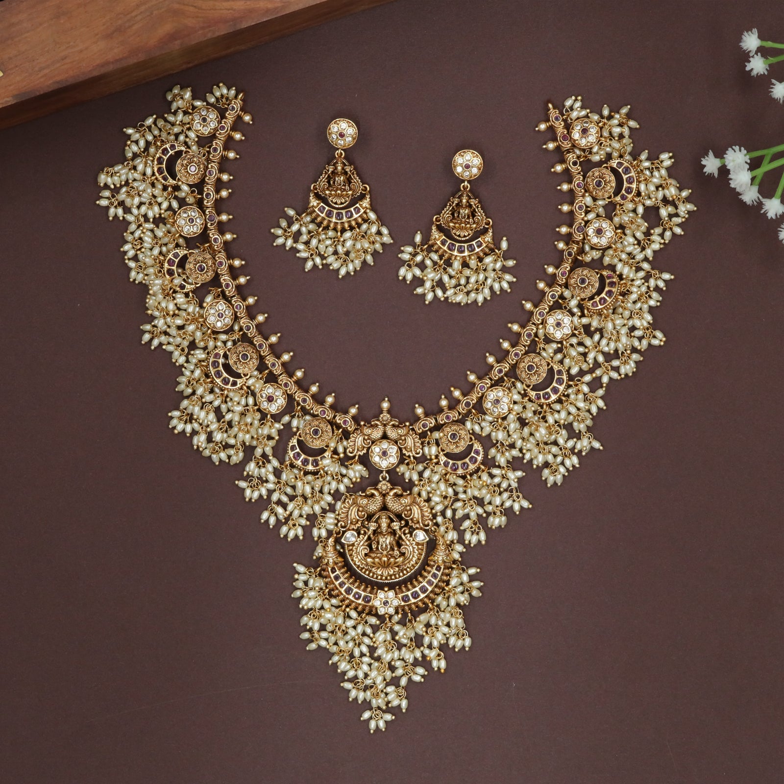 Crescent-Link Lakshmi Necklace with Dense Pearl Fringe