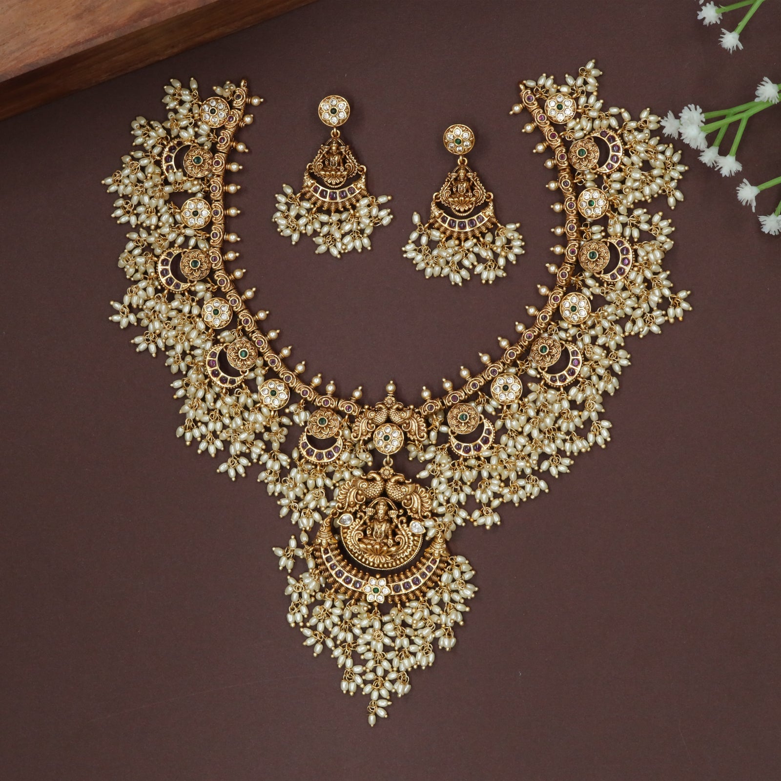 Crescent-Link Lakshmi Necklace with Dense Pearl Fringe