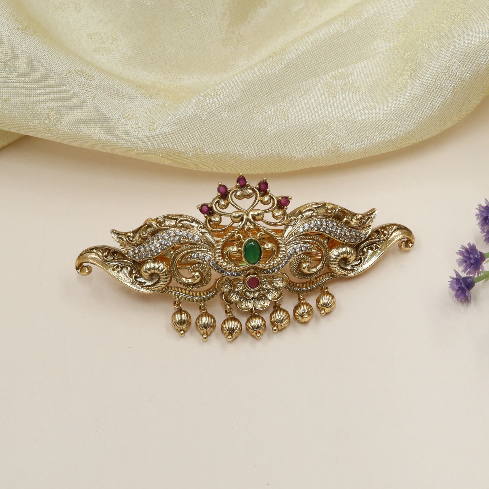 Winged Scroll Crest Hair Clip with Central Stone Core