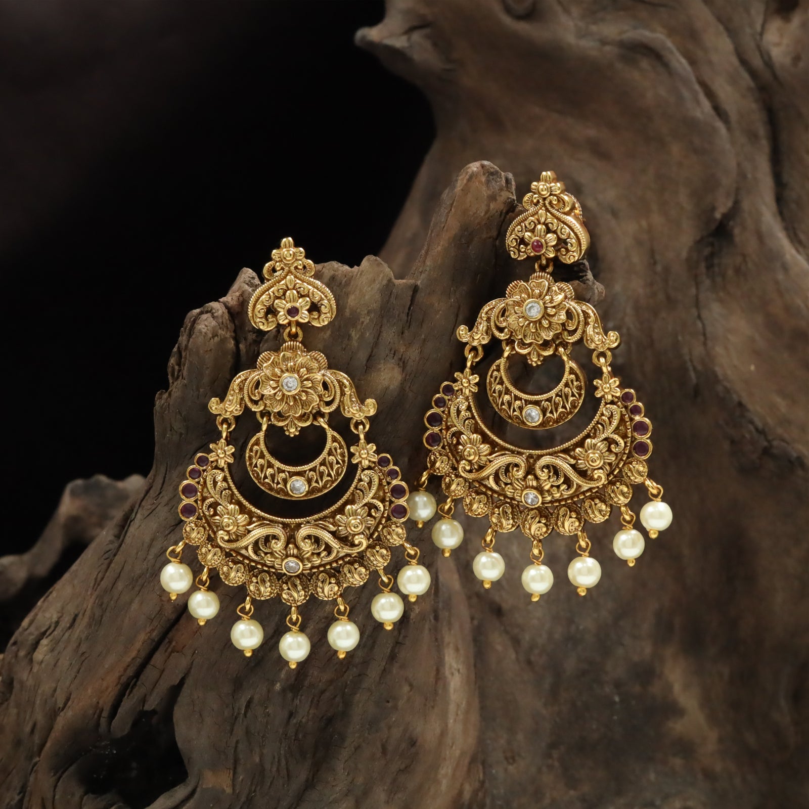 Temple-Style Circular Hangings with Floral Crown and Pearl Finish