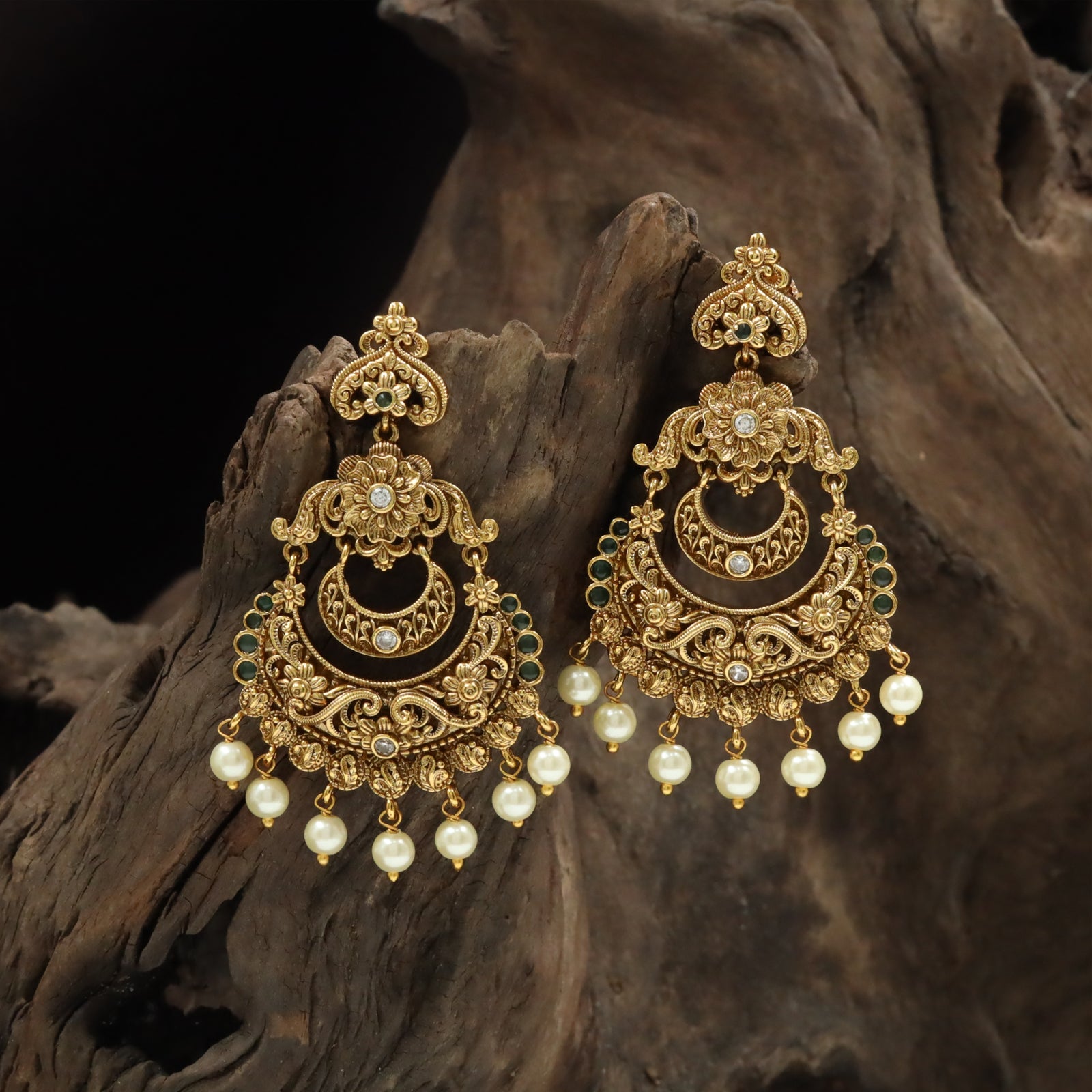 Temple-Style Circular Hangings with Floral Crown and Pearl Finish