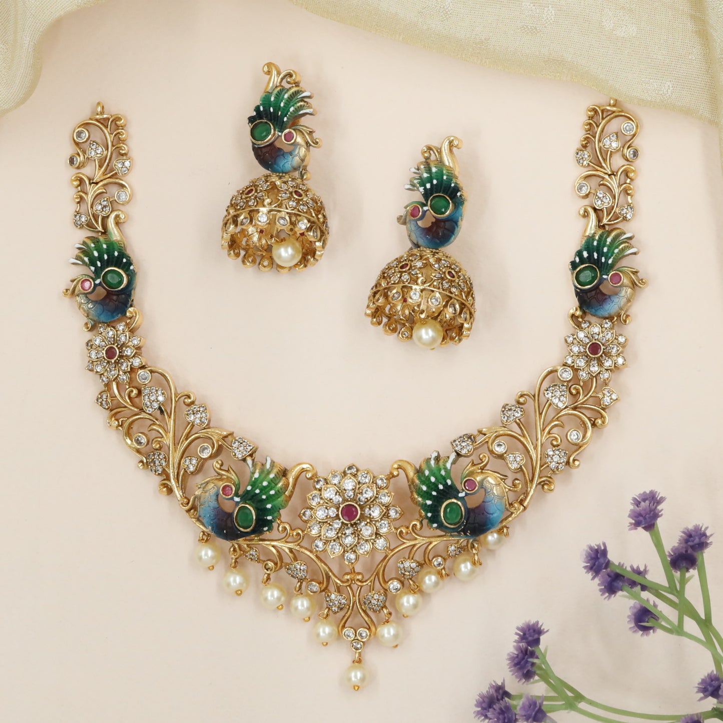 Peacock Form Necklace with Decorative Curves and Central Stone Cluster