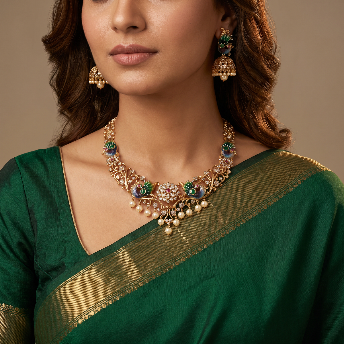 Peacock Form Necklace with Decorative Curves and Central Stone Cluster
