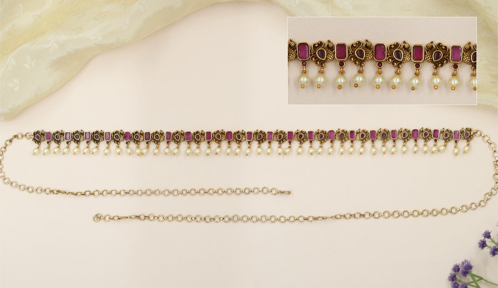 Peacock-Link Waist Belt with Rectangular Stone Panels and Pearl Drops