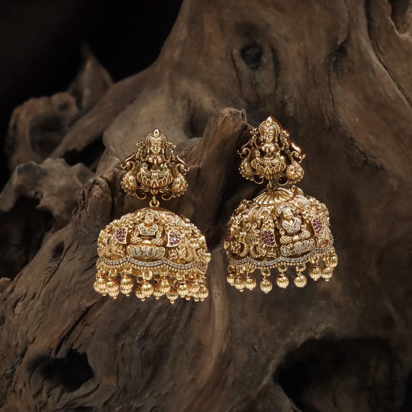 Heritage Lakshmi Idol Dome Jumka in Antique Gold Finish