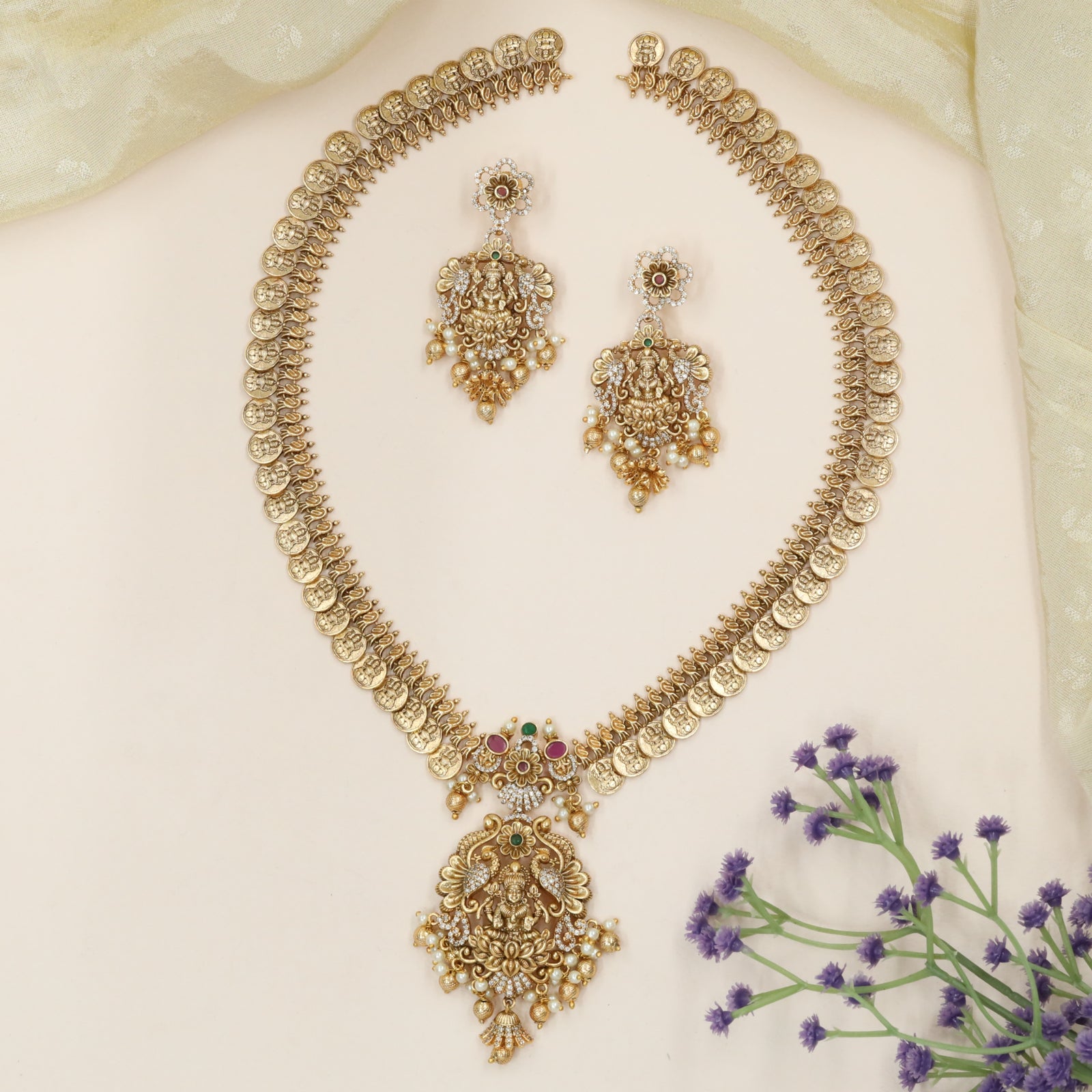 Lakshmi Seated Long Haara with Coin Disc Chain and Ornate Centre