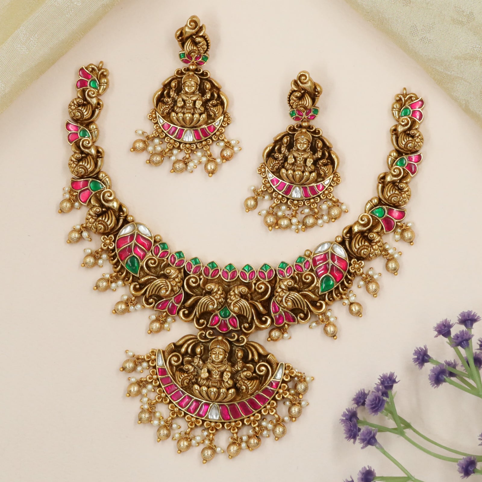 Lakshmi Motif Necklace with Curvilinear Panels and Inlaid Accents