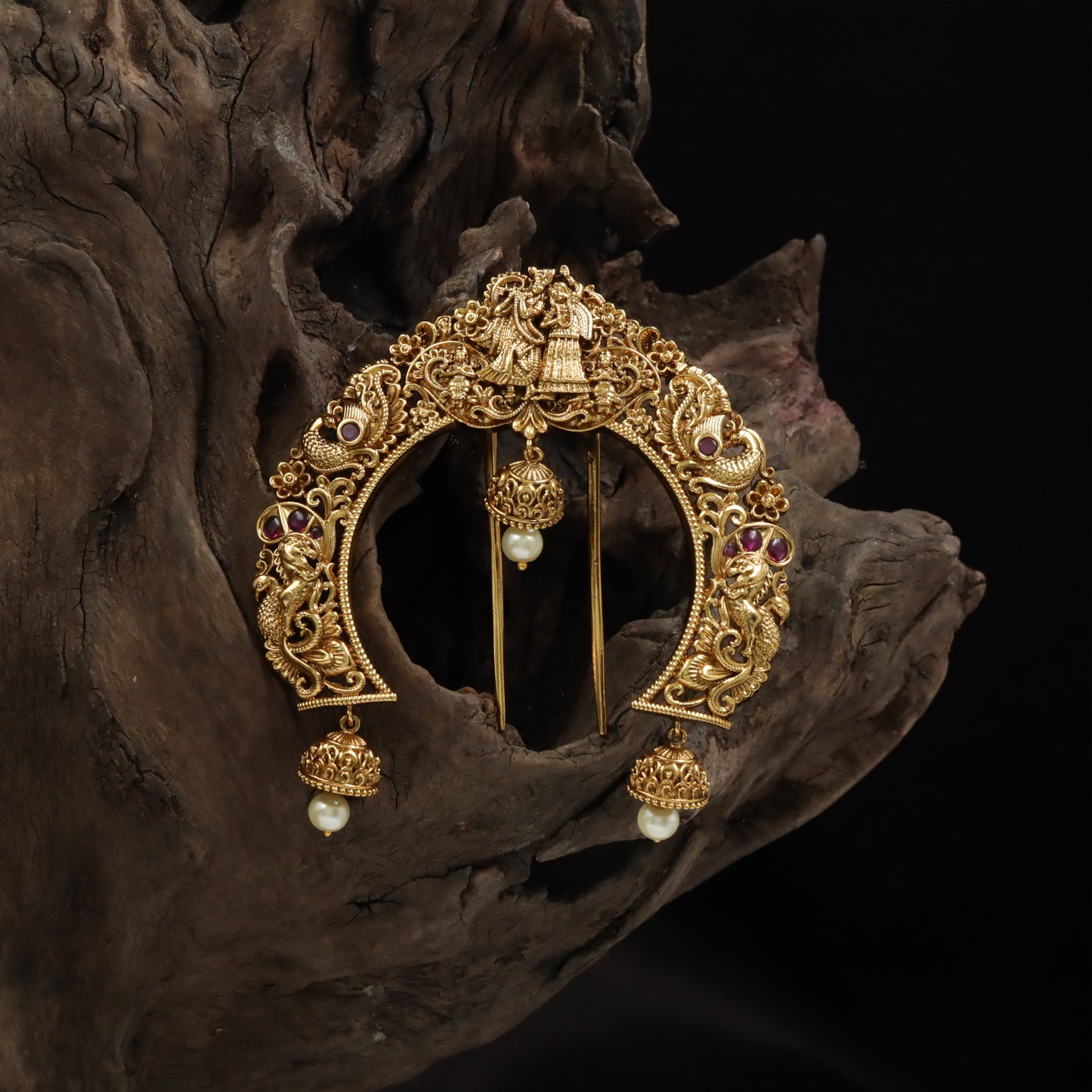 Radha–Krishna Hair Arch with Peacock-Terminal Curves
